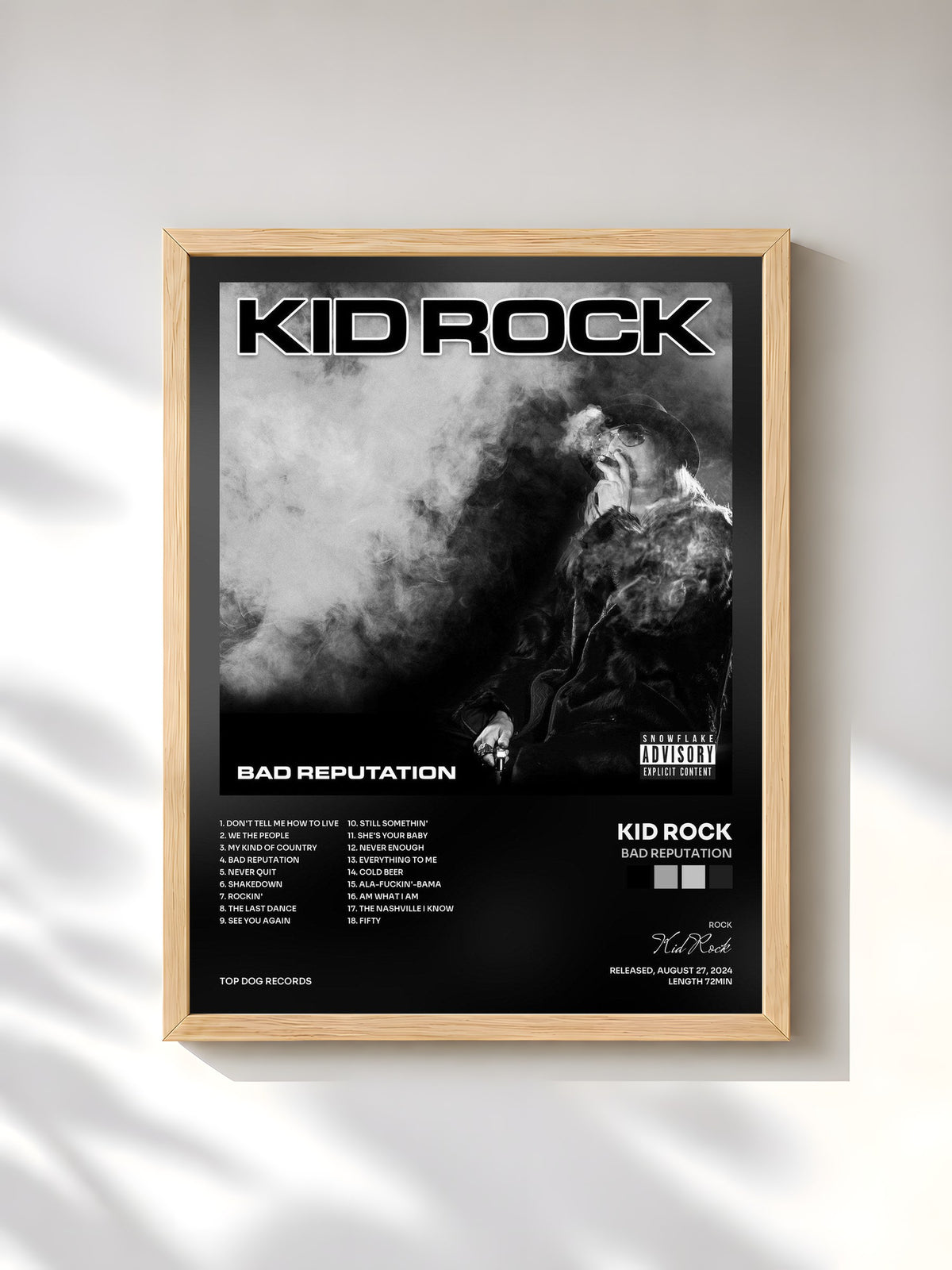 #bois Tableau de l'album Bad Reputation de Kid Rock, cadre en bois brut, imprimé et encadré en France