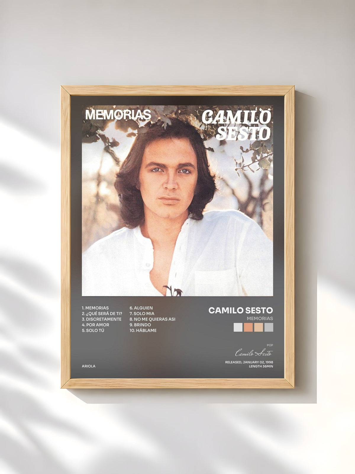#bois Tableau de l'album Memorias de Camilo Sesto, cadre en bois brut, imprimé et encadré en France