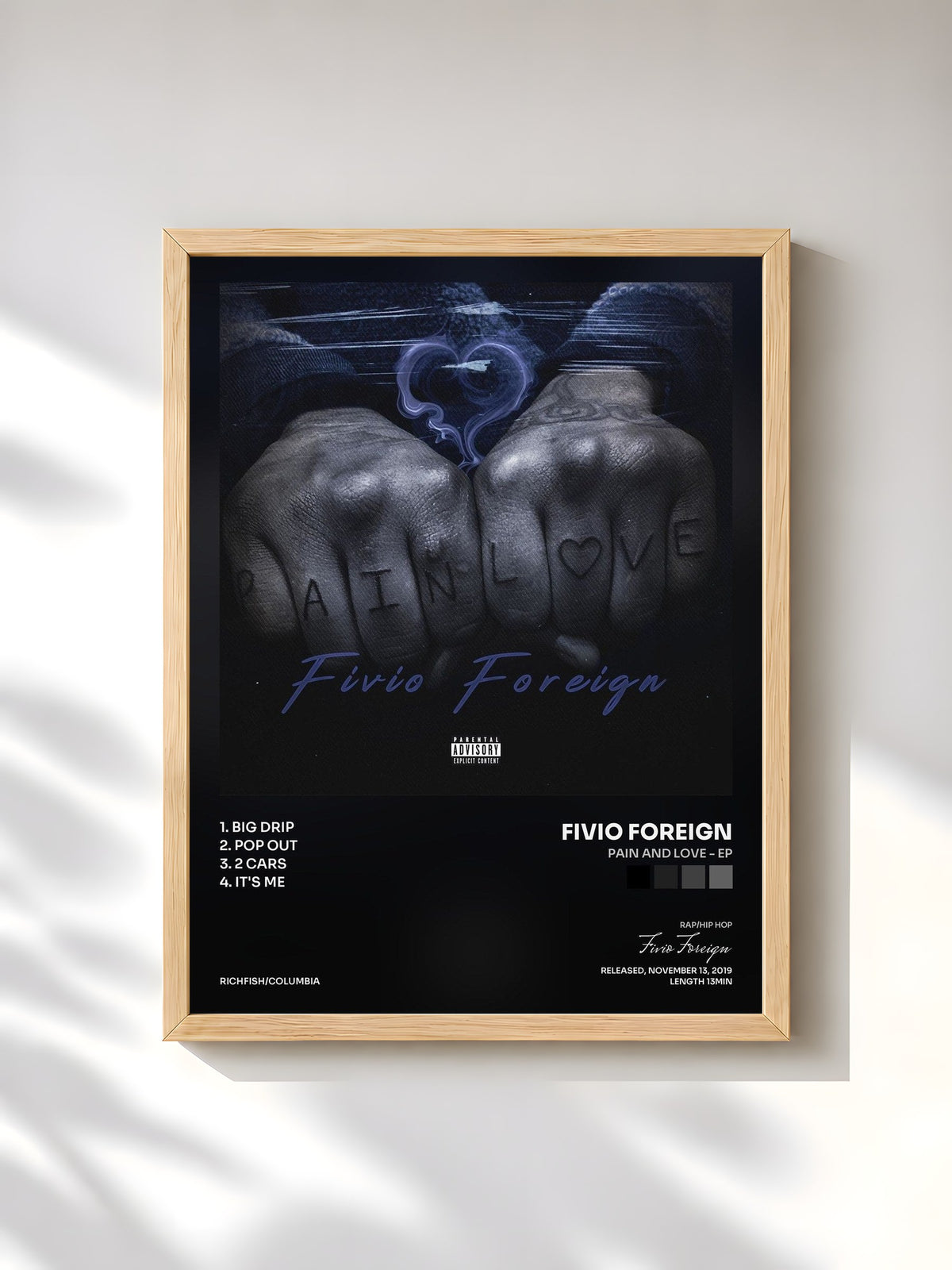 #bois Tableau de l'album Pain and Love - EP de Fivio Foreign, cadre en bois brut, imprimé et encadré en France