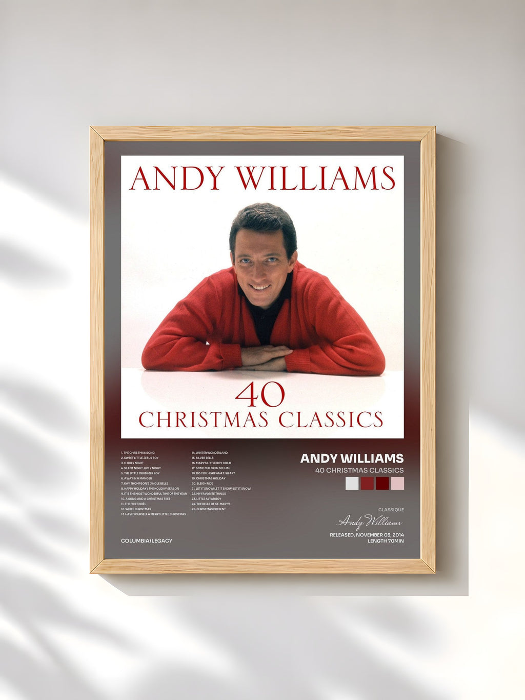 #bois Tableau de l'album 40 Christmas Classics de Andy Williams, cadre en bois brut, imprimé et encadré en France