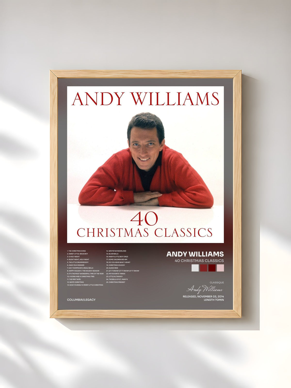 #bois Tableau de l'album 40 Christmas Classics de Andy Williams, cadre en bois brut, imprimé et encadré en France