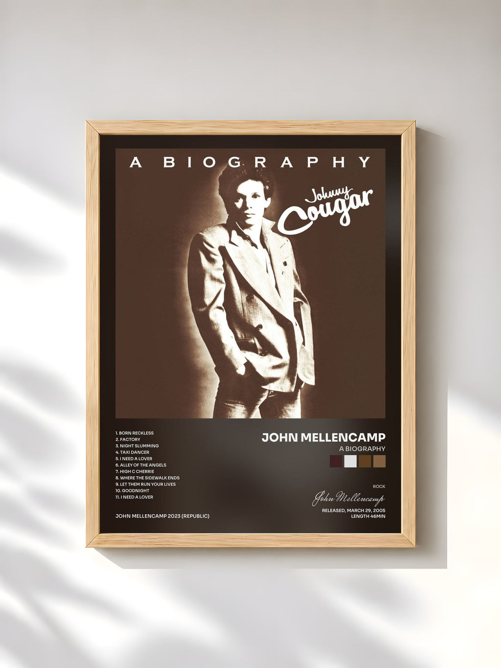 #bois Tableau de l'album A Biography de John Mellencamp, cadre en bois brut, imprimé et encadré en France