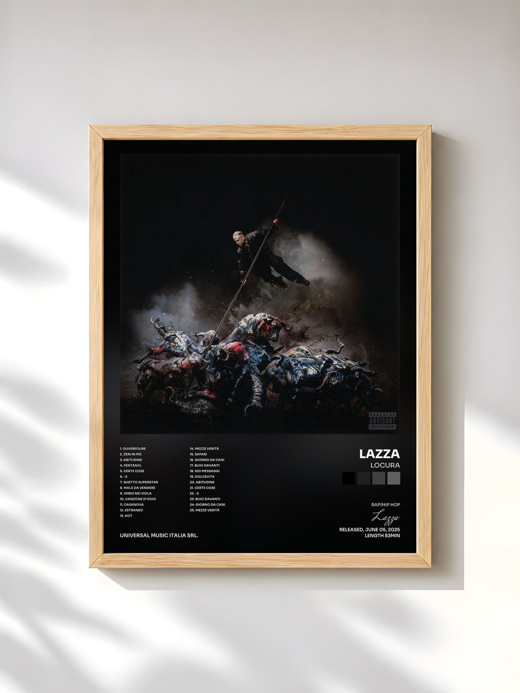 #bois Tableau de l'album LOCURA de Lazza, cadre en bois brut, imprimé et encadré en France