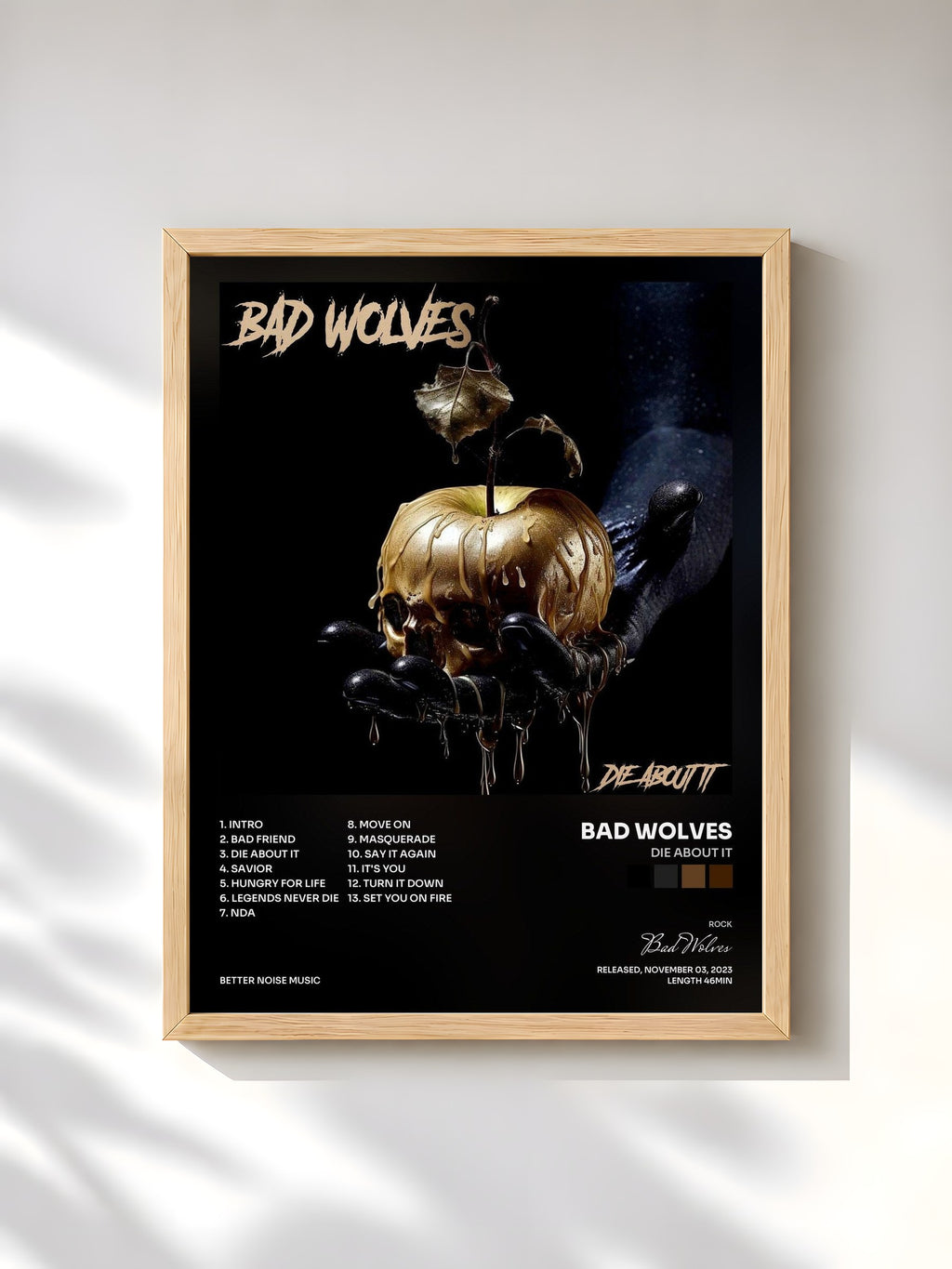 #bois Tableau de l'album Die About It de Bad Wolves, cadre en bois brut, imprimé et encadré en France