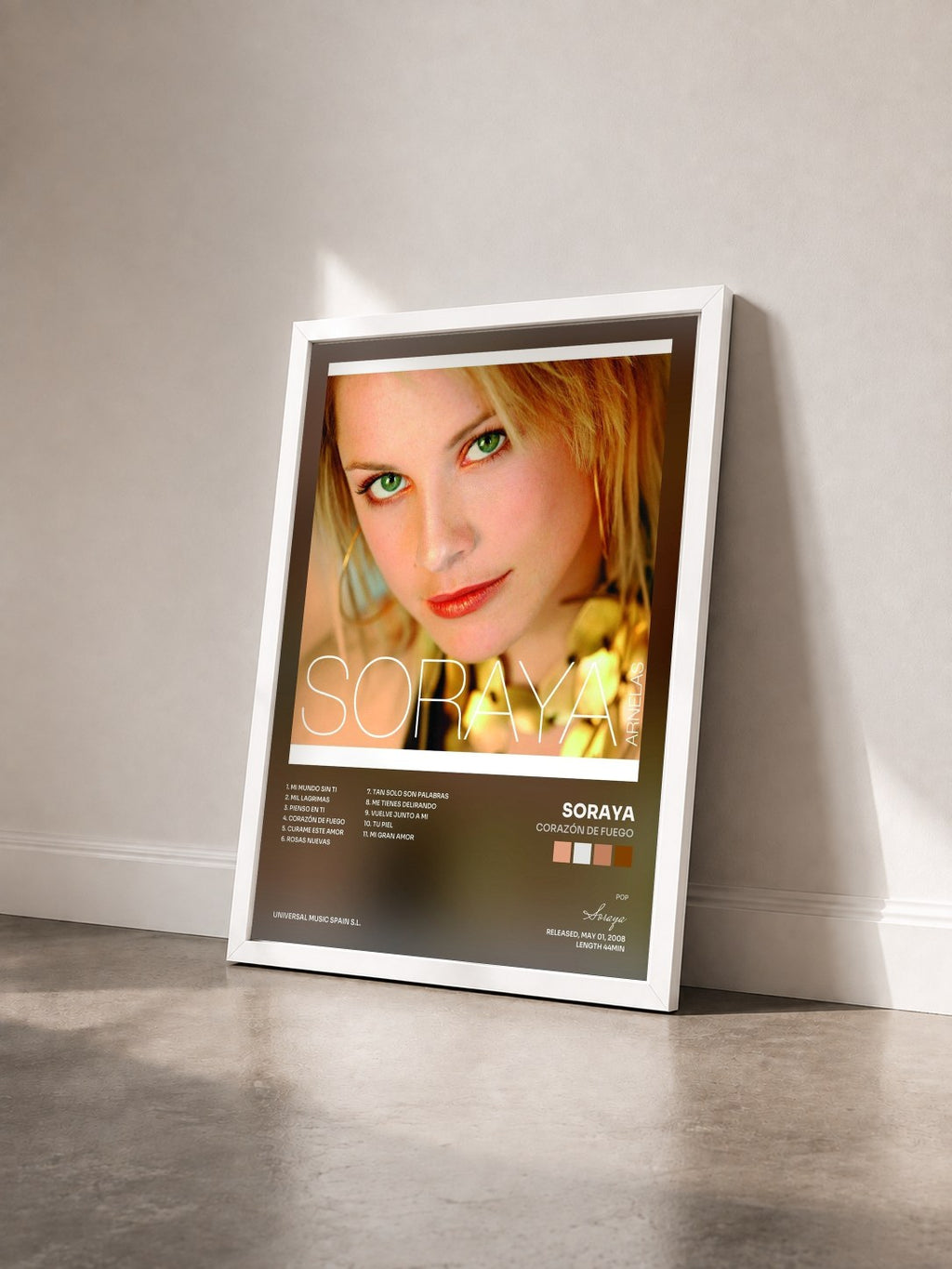 #blanc Tableau de l'album Corazón De Fuego de Soraya vu de trois quarts, cadre blanc