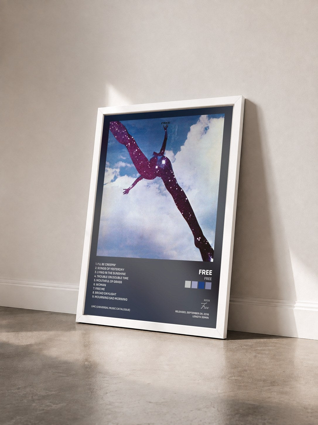#blanc Tableau de l'album Free de Free vu de trois quarts, cadre blanc