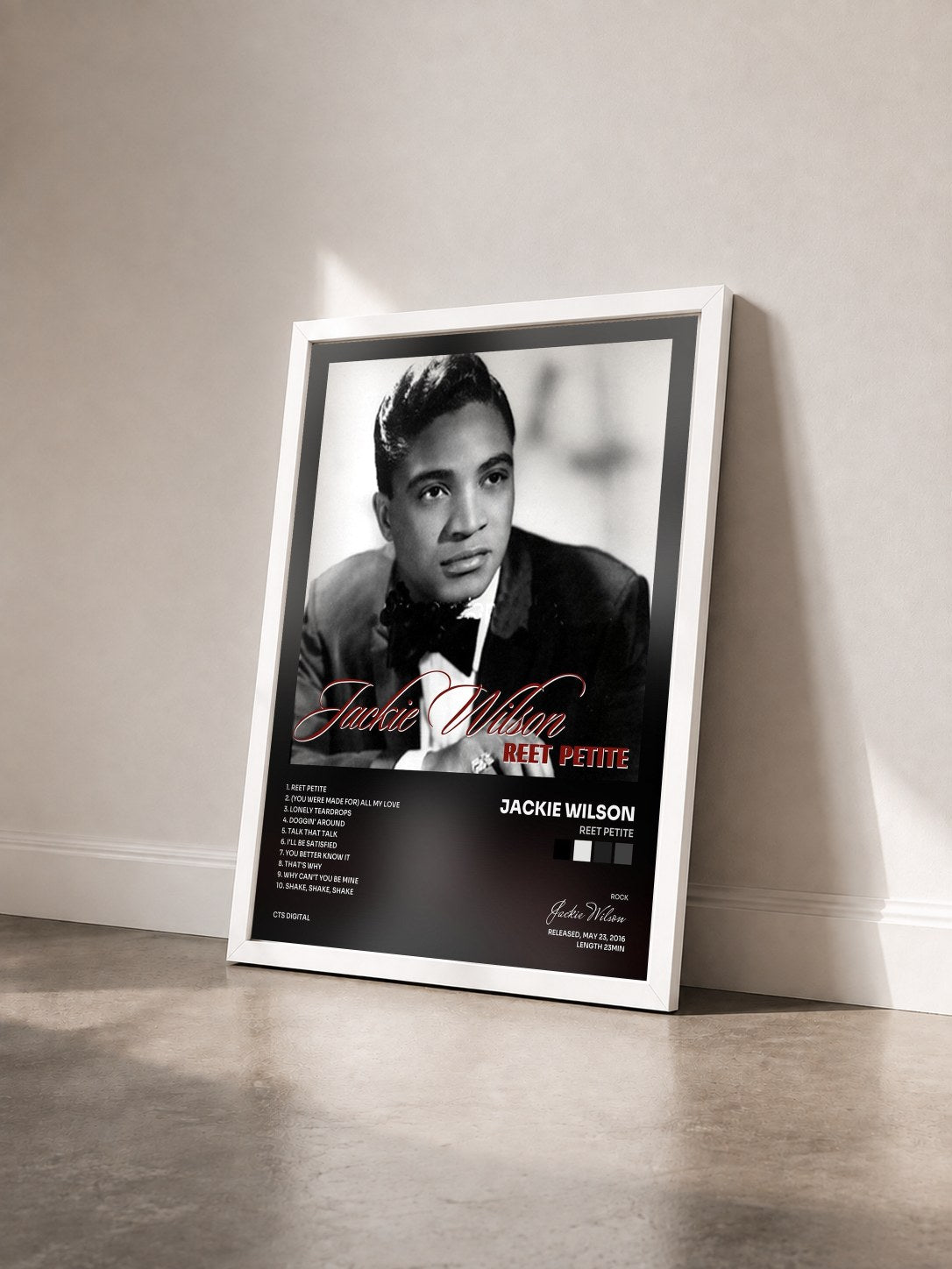 #blanc Tableau de l'album Reet Petite de Jackie Wilson vu de trois quarts, cadre blanc