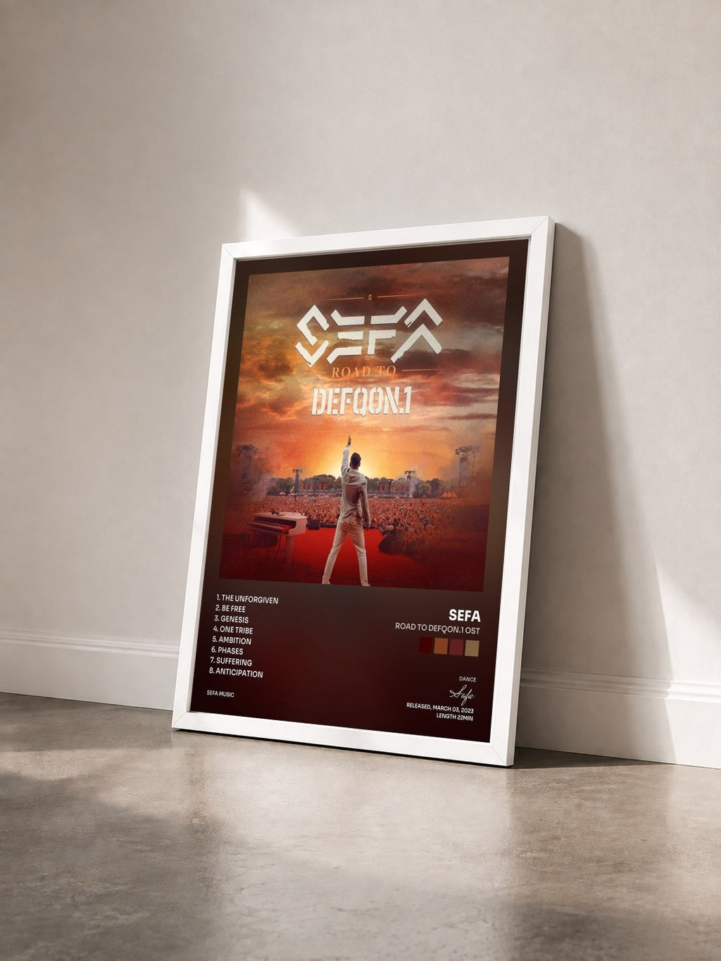 #blanc Tableau de l'album Road To Defqon.1 OST de Sefa vu de trois quarts, cadre blanc