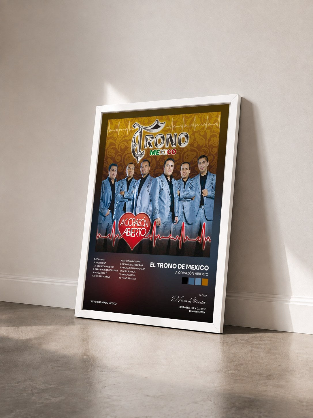 #blanc Tableau de l'album A Corazón Abierto de El Trono de Mexico vu de trois quarts, cadre blanc