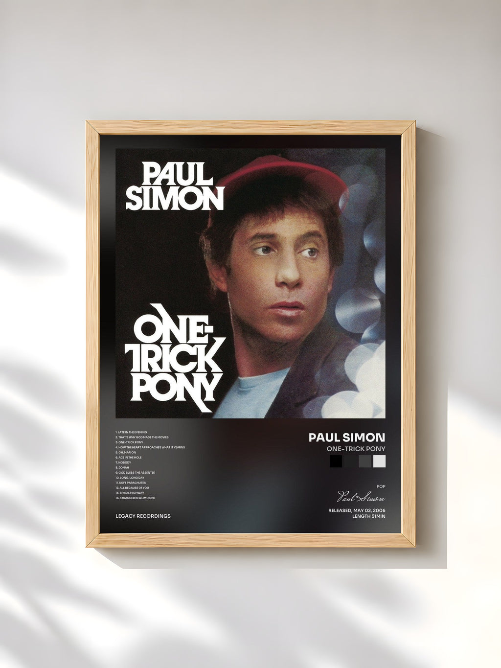 #bois Tableau de l'album One-Trick Pony de Paul Simon, cadre en bois brut, imprimé et encadré en France