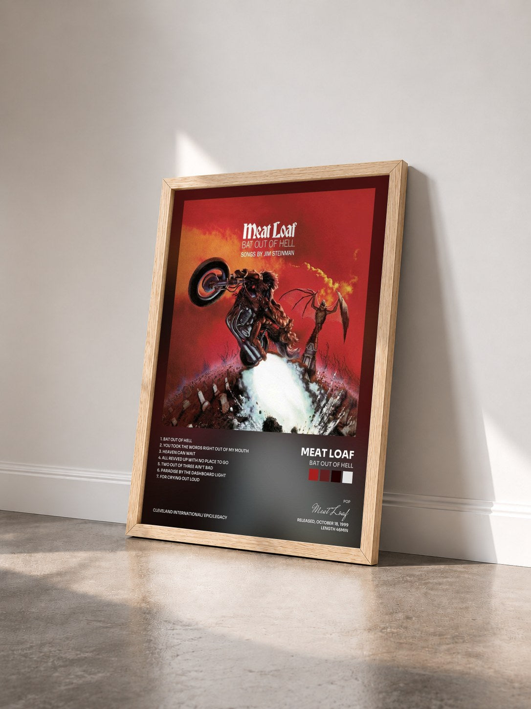#bois Tableau de l'album Bat Out Of Hell de Meat Loaf vu de trois quarts, cadre en bois brut