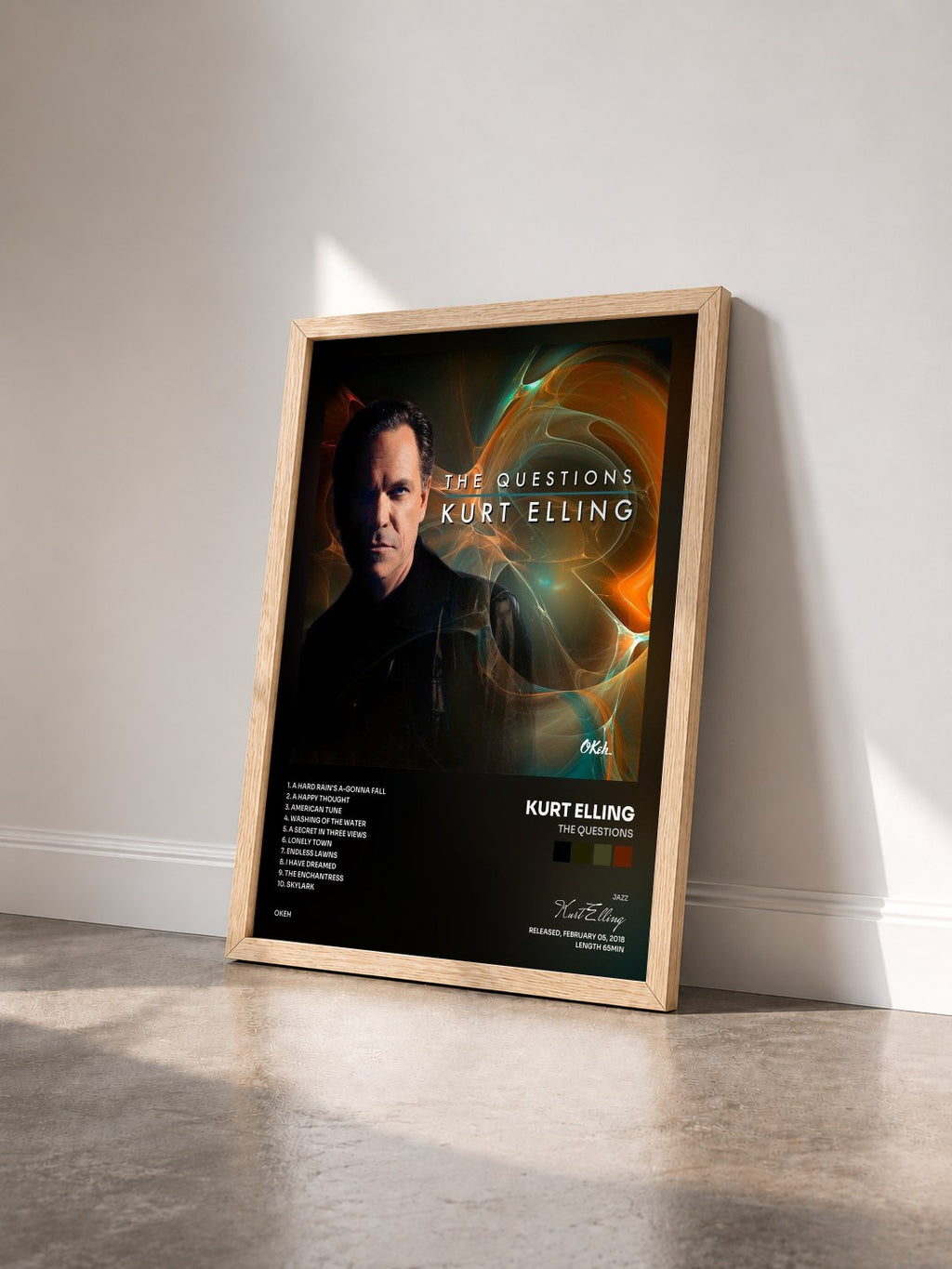 #bois Tableau de l'album The Questions de Kurt Elling vu de trois quarts, cadre en bois brut