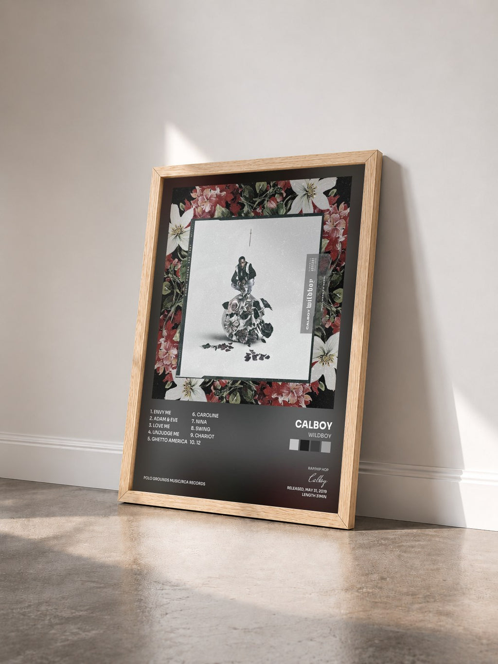 #bois Tableau de l'album Wildboy de Calboy vu de trois quarts, cadre en bois brut