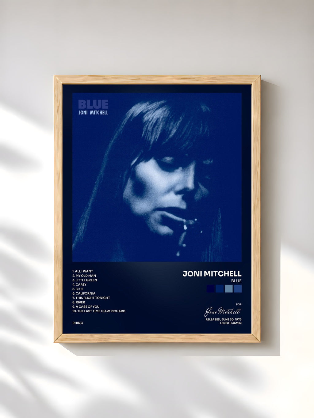 #bois Tableau de l'album Blue de Joni Mitchell, cadre en bois brut, imprimé et encadré en France