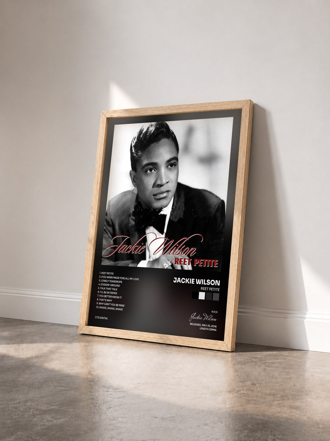 #bois Tableau de l'album Reet Petite de Jackie Wilson vu de trois quarts, cadre en bois brut