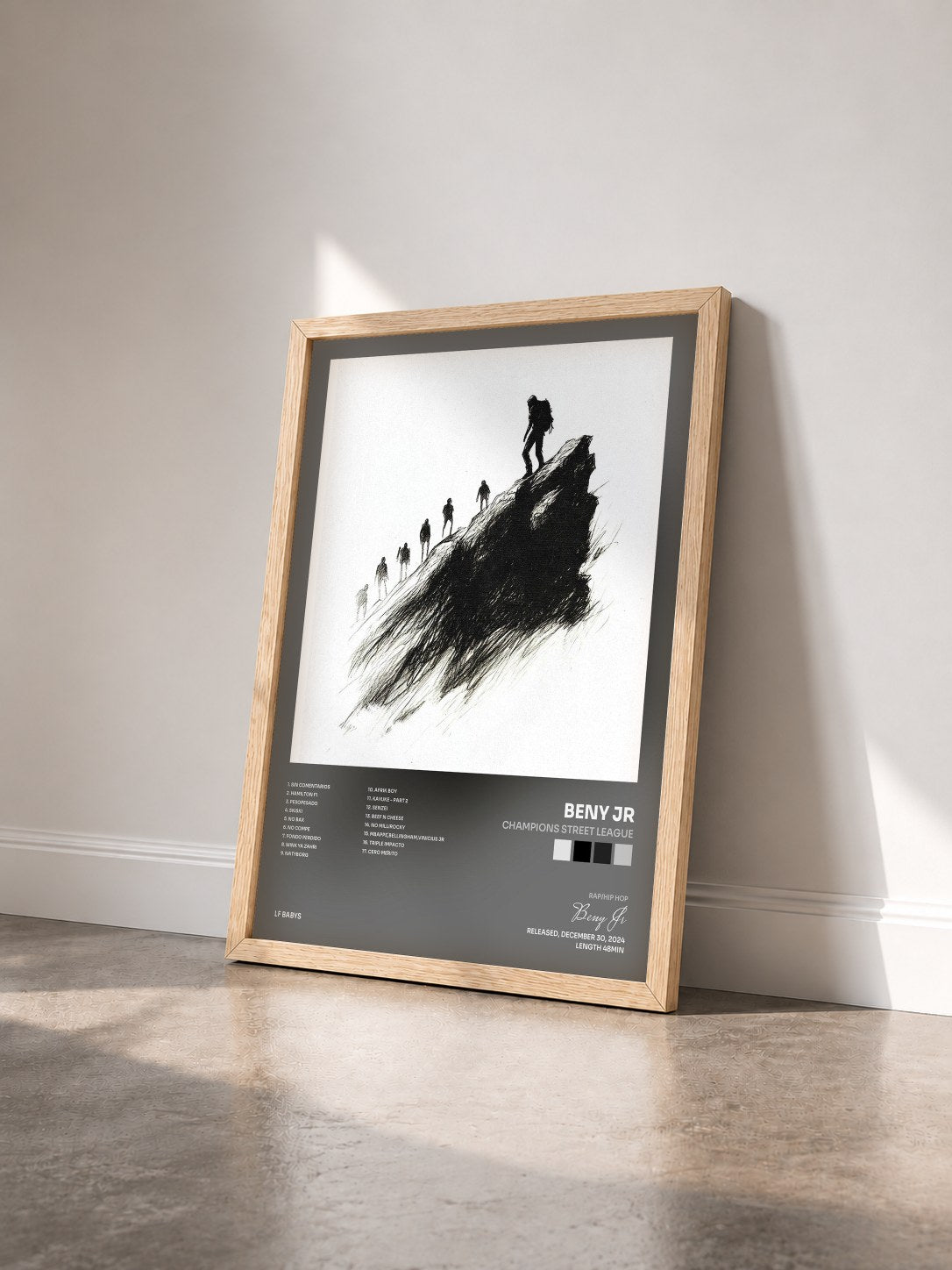 #bois Tableau de l'album Champions Street League de Beny Jr vu de trois quarts, cadre en bois brut