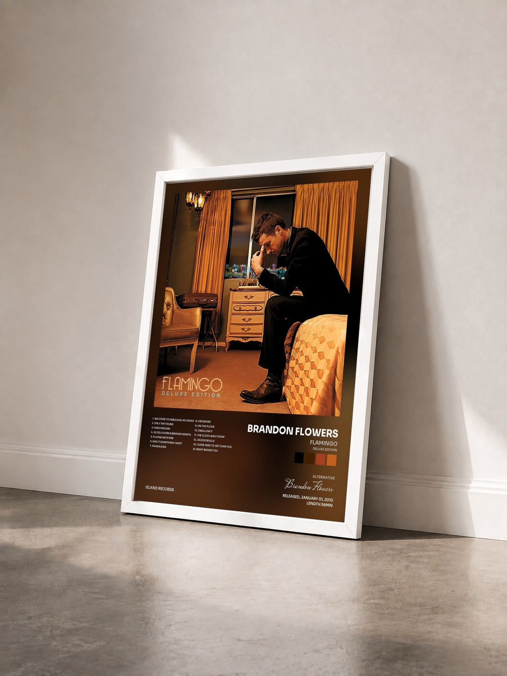 #blanc Tableau de l'album Flamingo (Deluxe Edition) de Brandon Flowers vu de trois quarts, cadre blanc