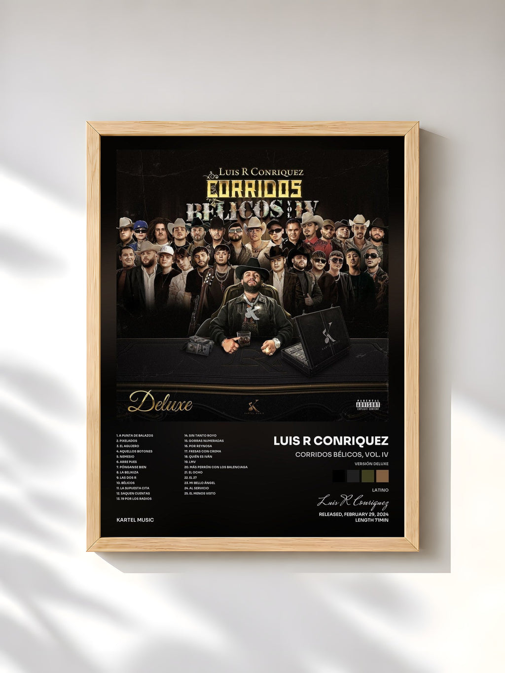 #bois Tableau de l'album Corridos Bélicos, Vol. IV (Versión Deluxe) de Luis R Conriquez, cadre en bois brut, imprimé et encadré en France