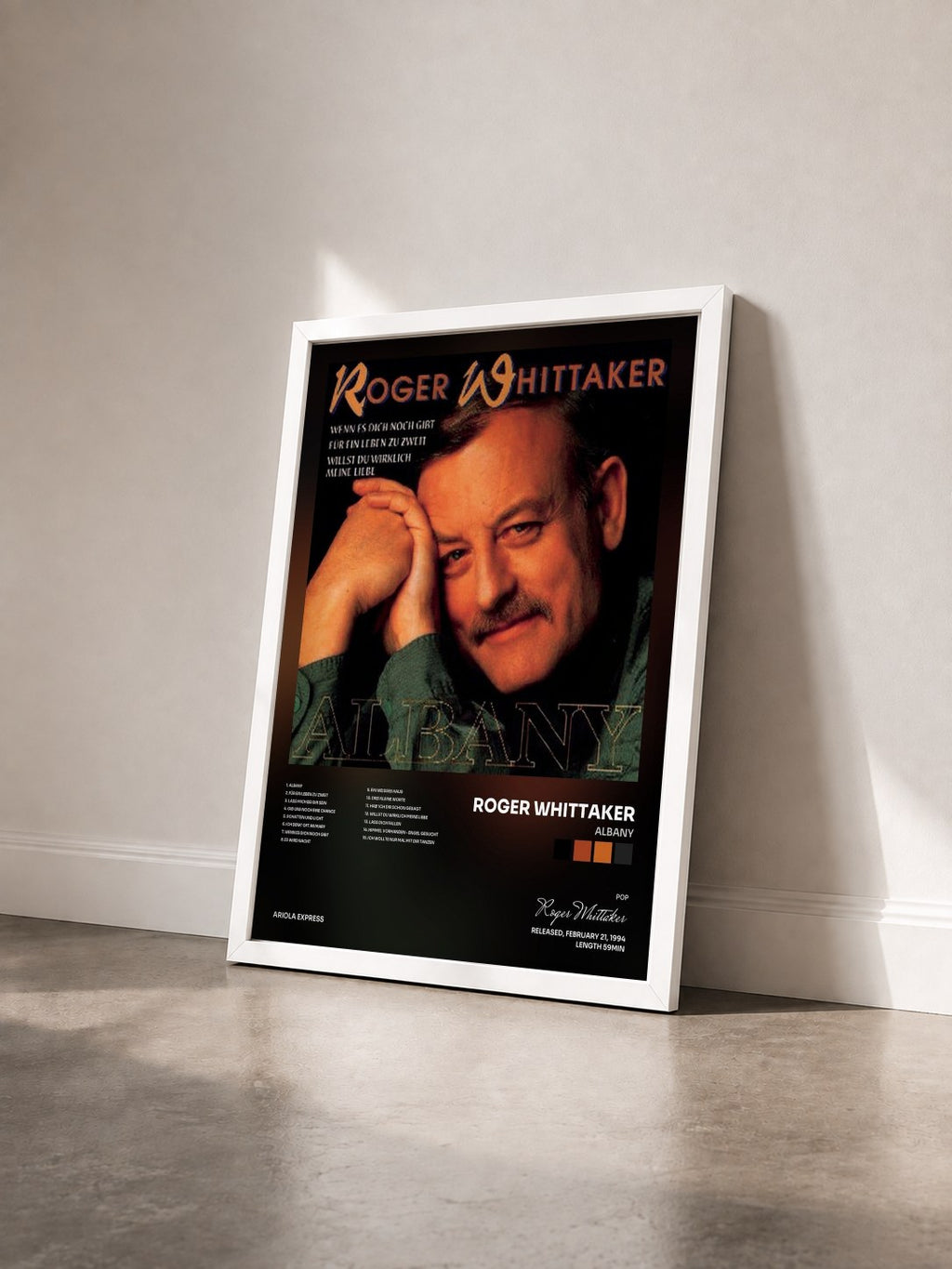#blanc Tableau de l'album Albany de Roger Whittaker vu de trois quarts, cadre blanc