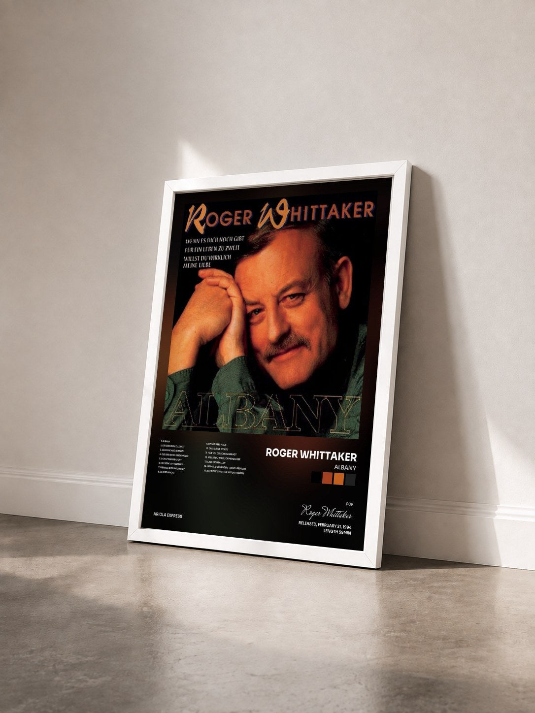#blanc Tableau de l'album Albany de Roger Whittaker vu de trois quarts, cadre blanc