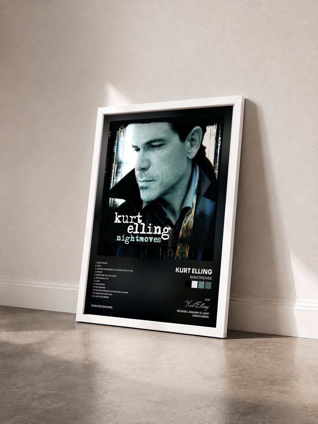 #blanc Tableau de l'album Nightmoves de Kurt Elling vu de trois quarts, cadre blanc