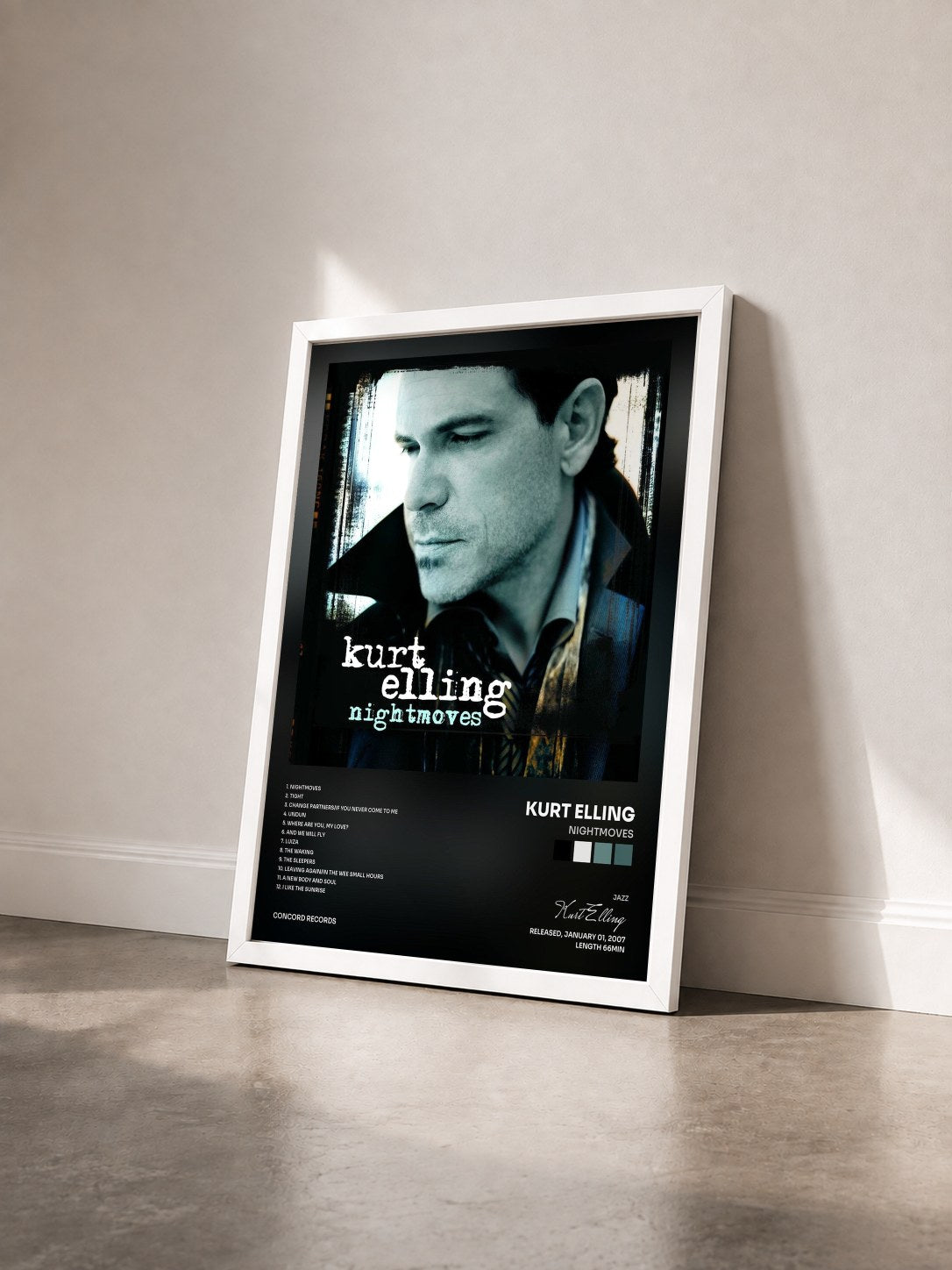 #blanc Tableau de l'album Nightmoves de Kurt Elling vu de trois quarts, cadre blanc