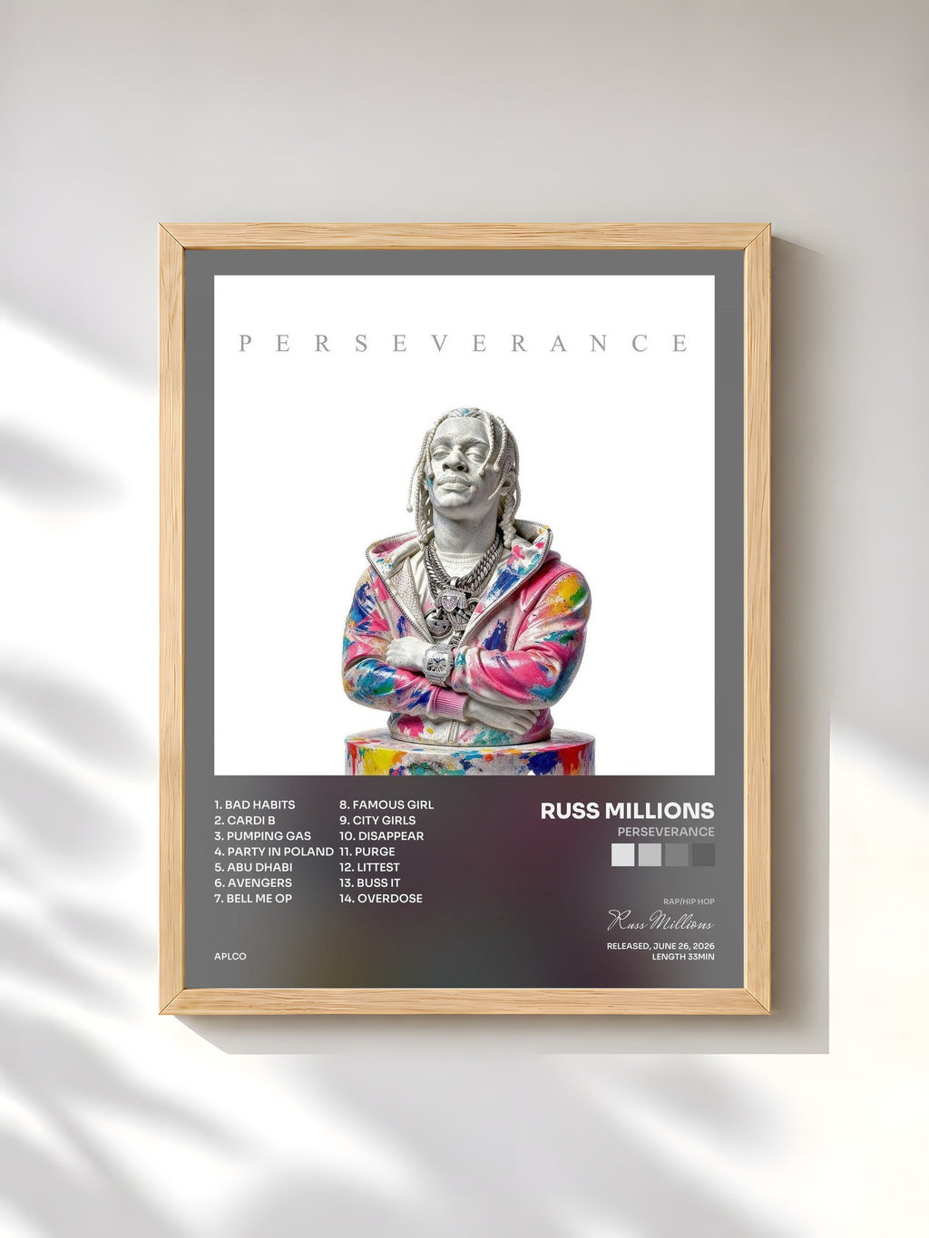 #bois Tableau de l'album Perseverance de Russ Millions, cadre en bois brut, imprimé et encadré en France