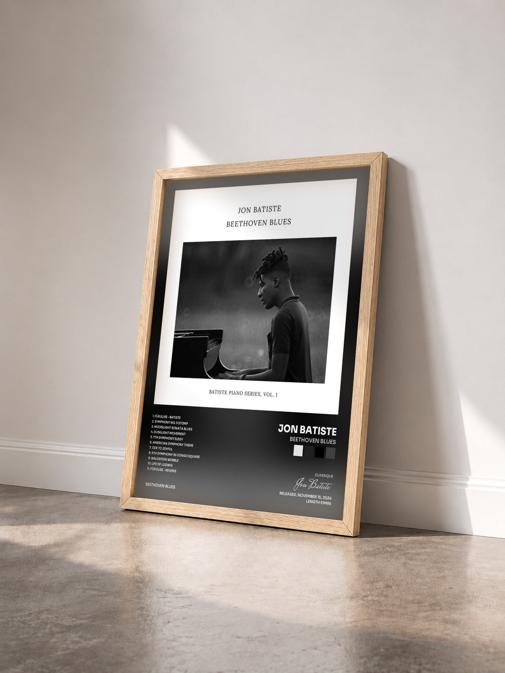 #bois Tableau de l'album Beethoven Blues de Jon Batiste vu de trois quarts, cadre en bois brut