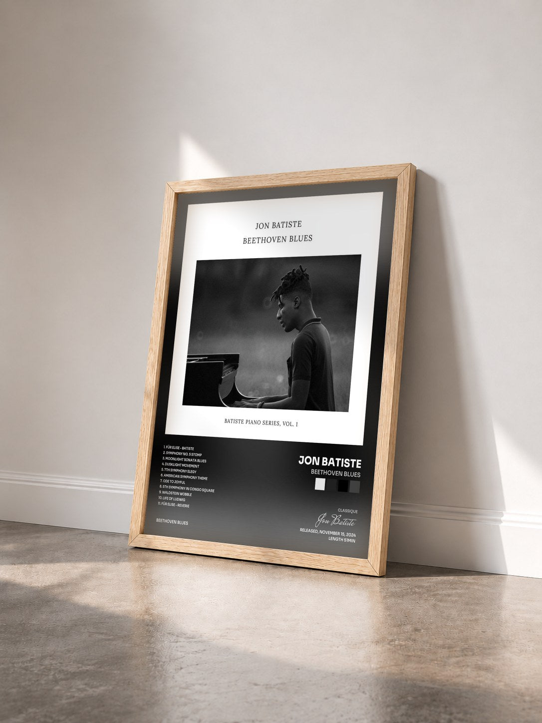 #bois Tableau de l'album Beethoven Blues de Jon Batiste vu de trois quarts, cadre en bois brut