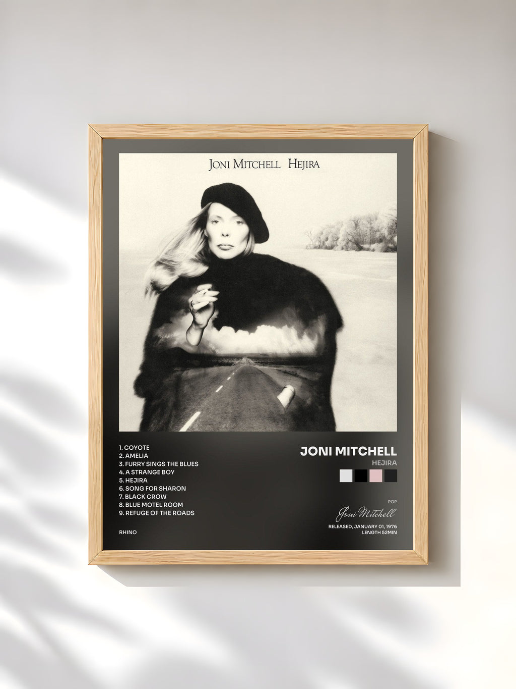 #bois Tableau de l'album Hejira de Joni Mitchell, cadre en bois brut, imprimé et encadré en France