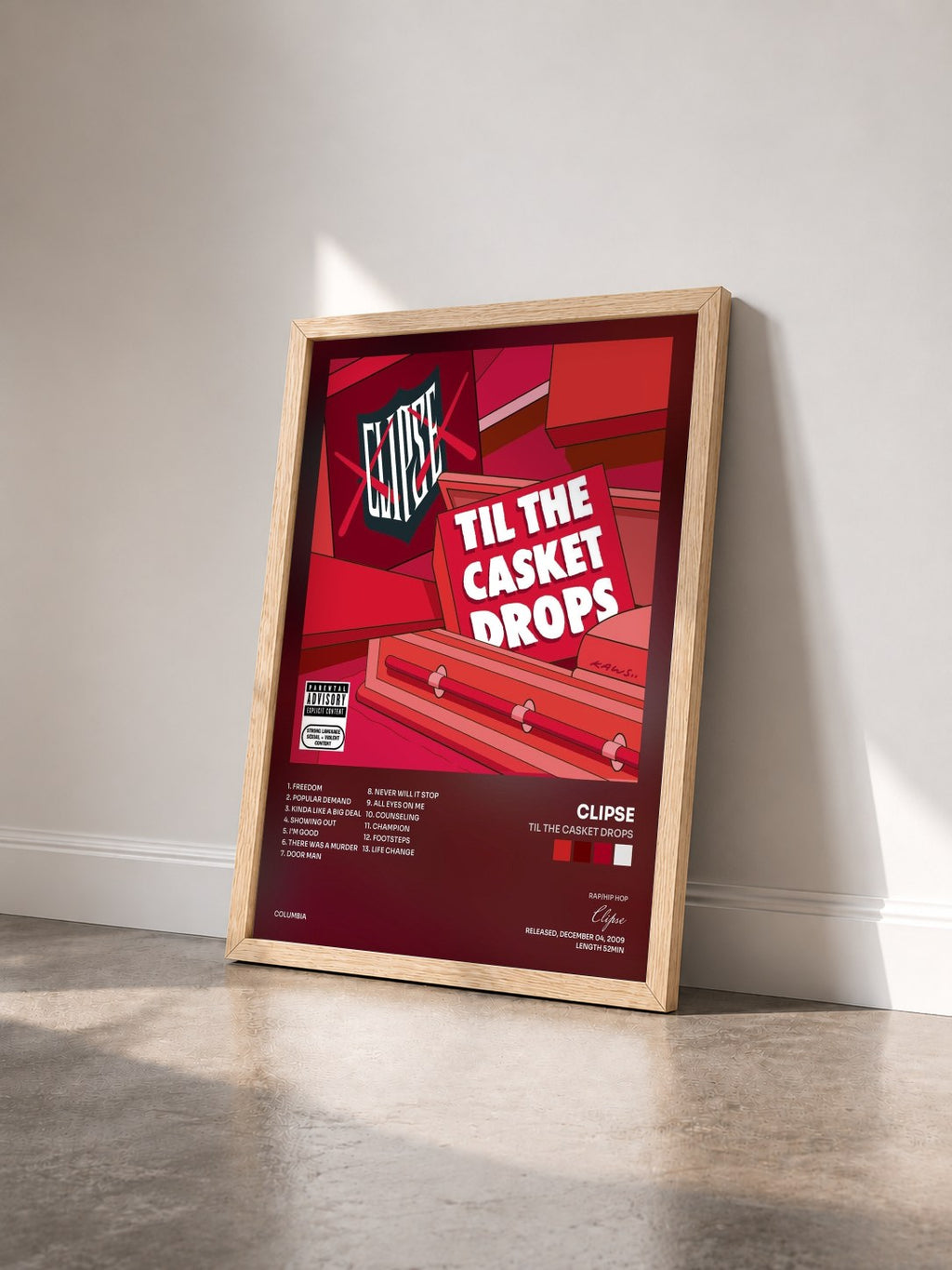 #bois Tableau de l'album Til The Casket Drops de Clipse vu de trois quarts, cadre en bois brut