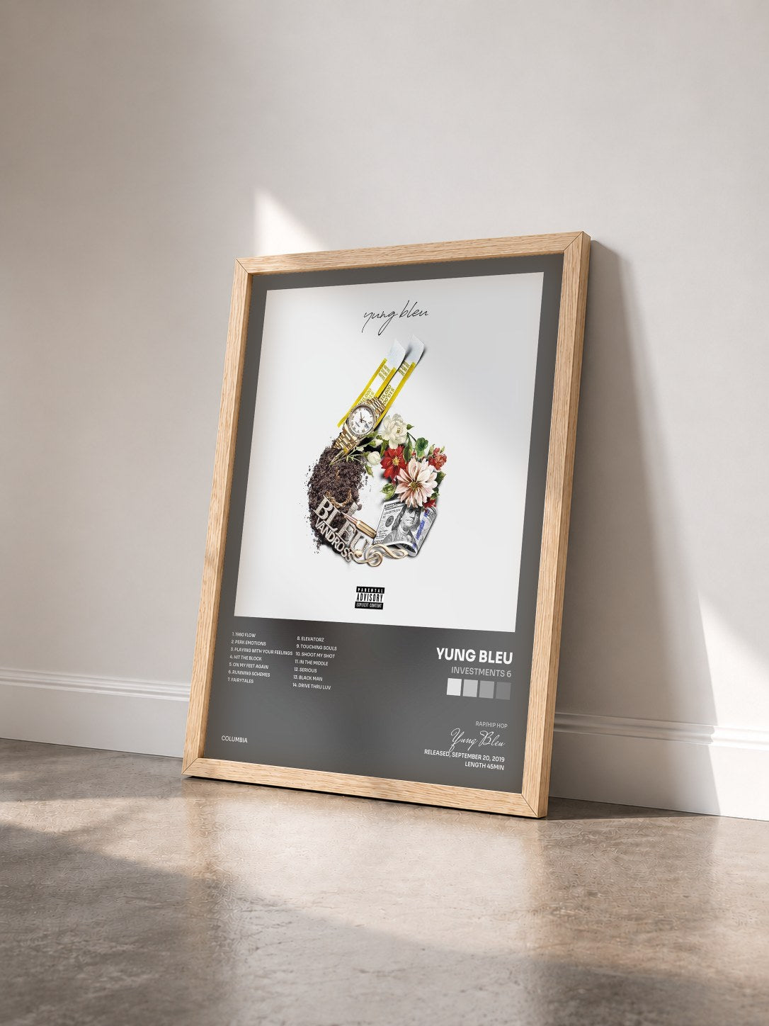 #bois Tableau de l'album Investments 6 de Yung Bleu vu de trois quarts, cadre en bois brut