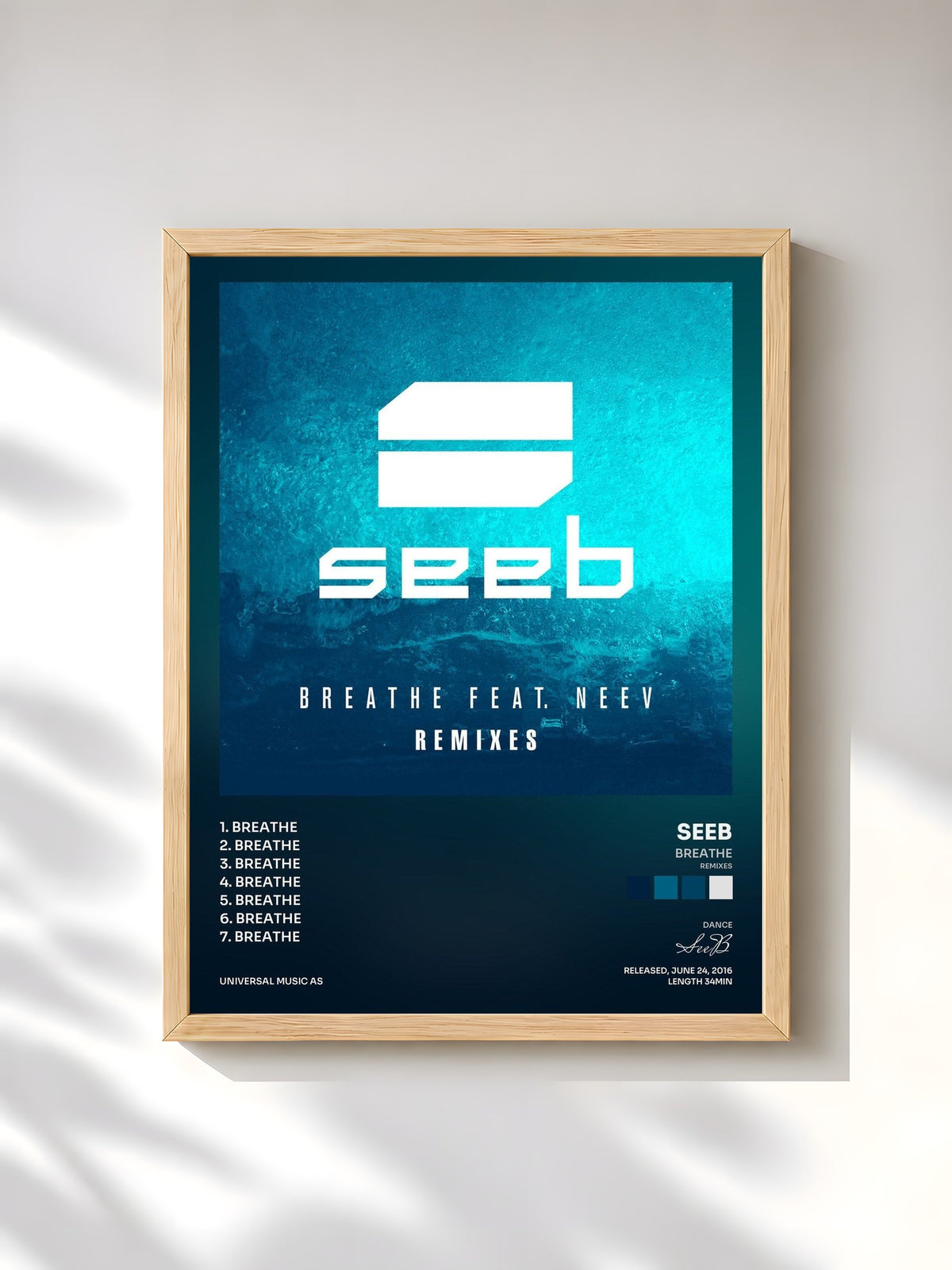 #bois Tableau de l'album Breathe (Remixes) de SeeB, cadre en bois brut, imprimé et encadré en France