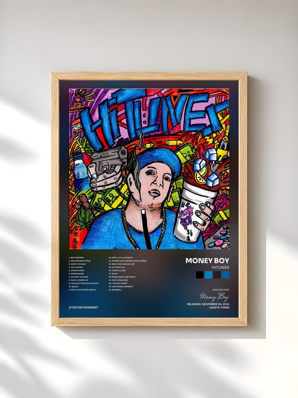 #bois Tableau de l'album HiTunes de Money Boy, cadre en bois brut, imprimé et encadré en France