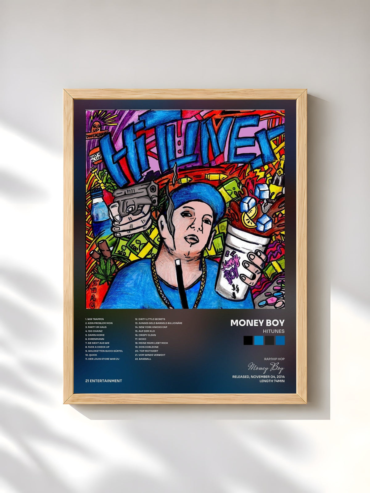 #bois Tableau de l'album HiTunes de Money Boy, cadre en bois brut, imprimé et encadré en France