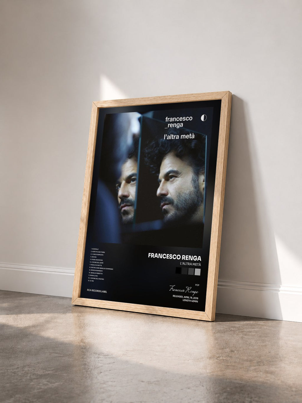 #bois Tableau de l'album L'altra metà de Francesco Renga vu de trois quarts, cadre en bois brut