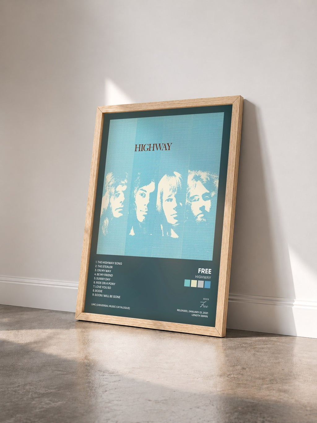 #bois Tableau de l'album Highway de Free vu de trois quarts, cadre en bois brut