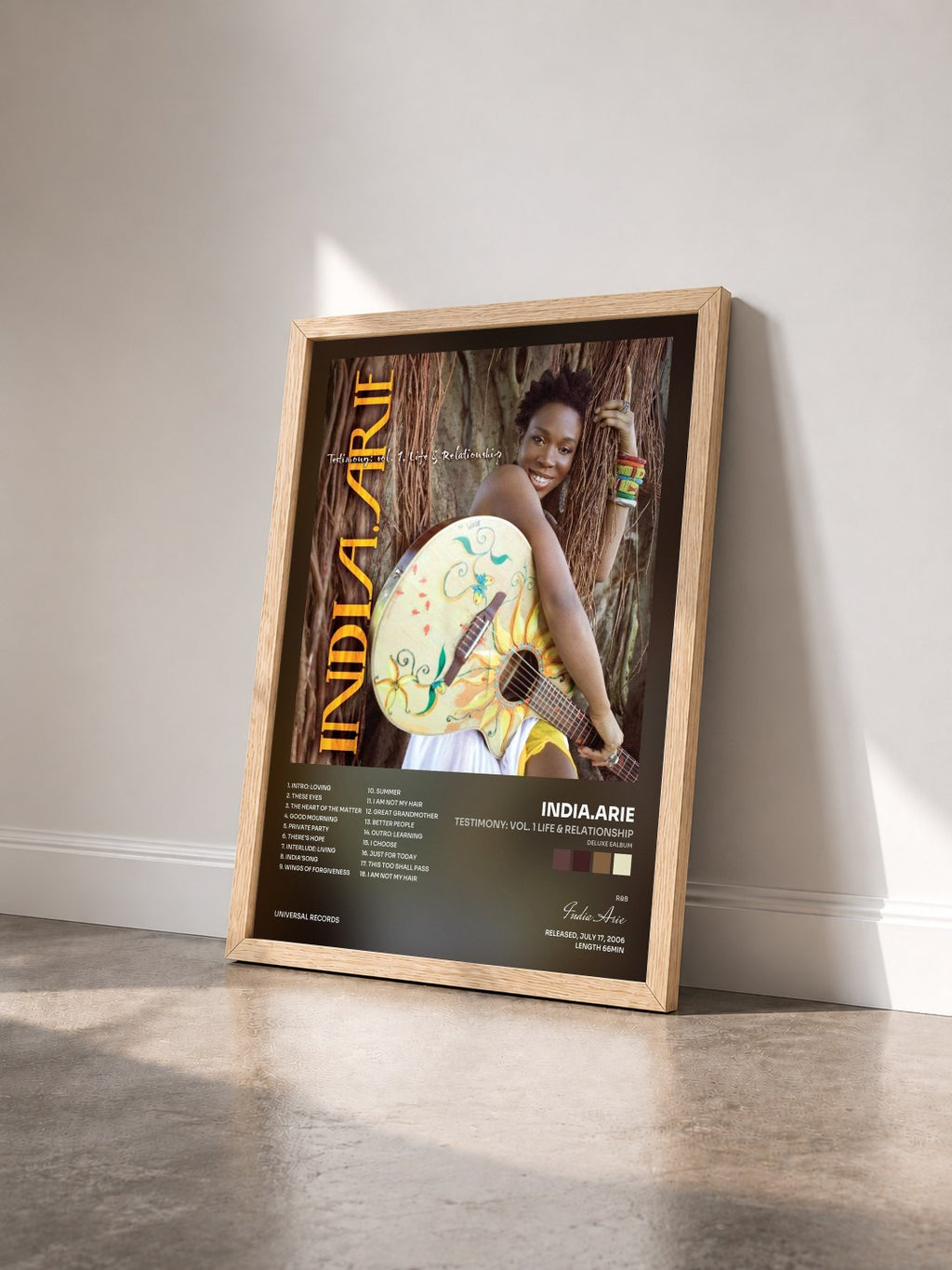 #bois Tableau de l'album Testimony: Vol. 1 Life & Relationship (Deluxe eAlbum) de India.Arie vu de trois quarts, cadre en bois brut