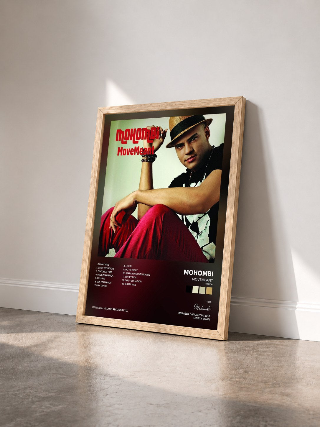 #bois Tableau de l'album MoveMeant (French) de Mohombi vu de trois quarts, cadre en bois brut