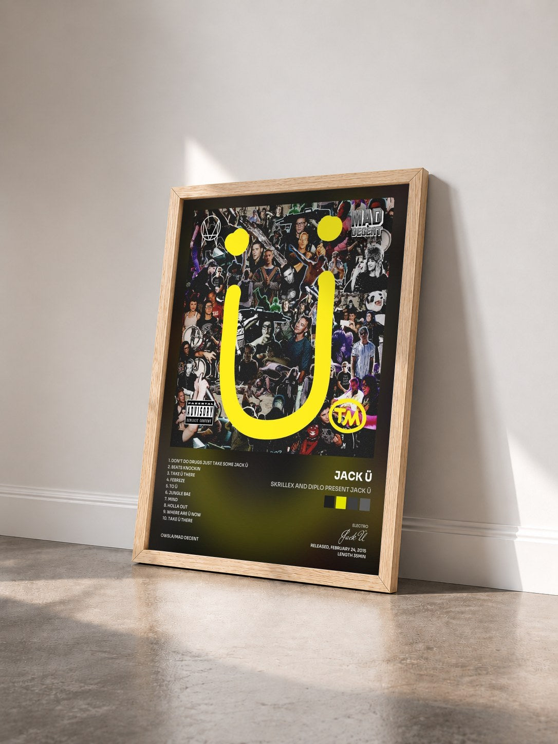 #bois Tableau de l'album Skrillex and Diplo present Jack Ü de Jack Ü vu de trois quarts, cadre en bois brut