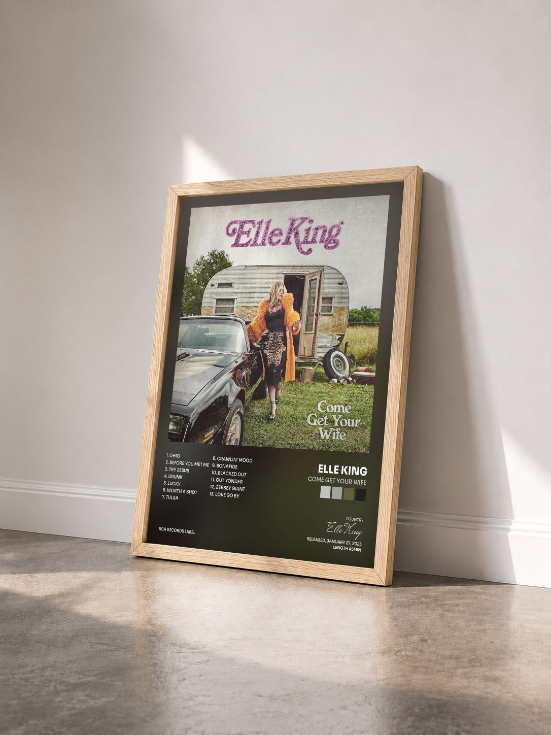#bois Tableau de l'album Come Get Your Wife de Elle King vu de trois quarts, cadre en bois brut