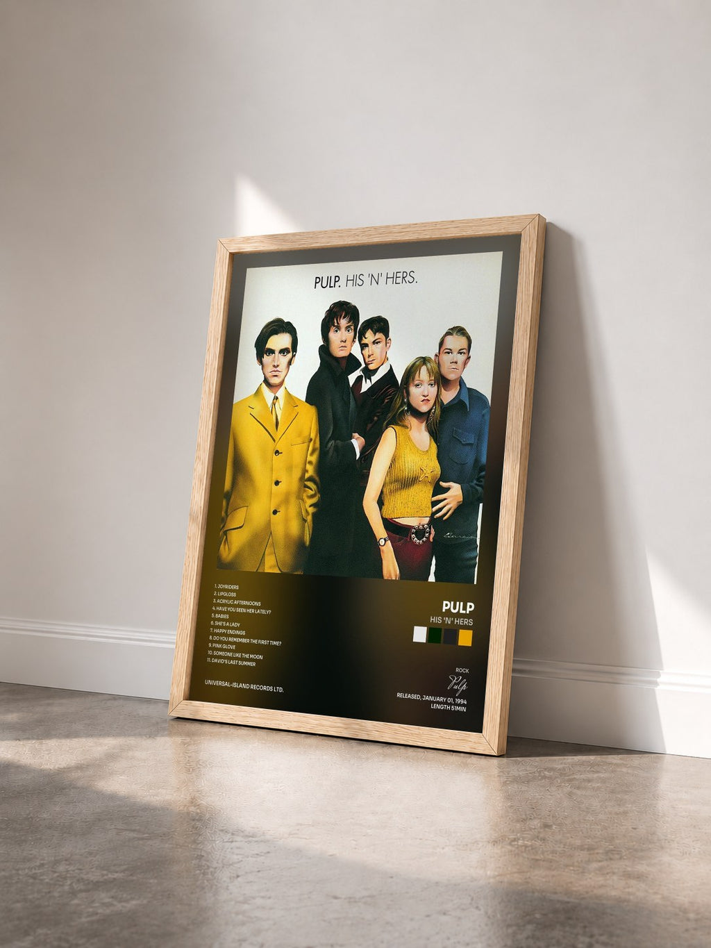 #bois Tableau de l'album His 'N' Hers de Pulp vu de trois quarts, cadre en bois brut