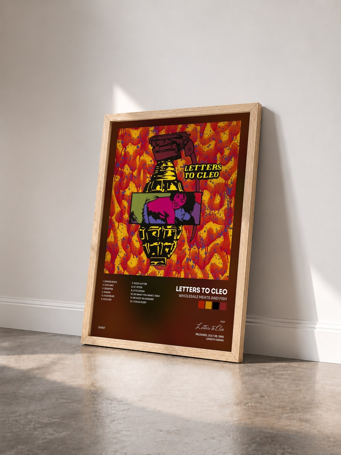 #bois Tableau de l'album Wholesale Meats And Fish de Letters to Cleo vu de trois quarts, cadre en bois brut