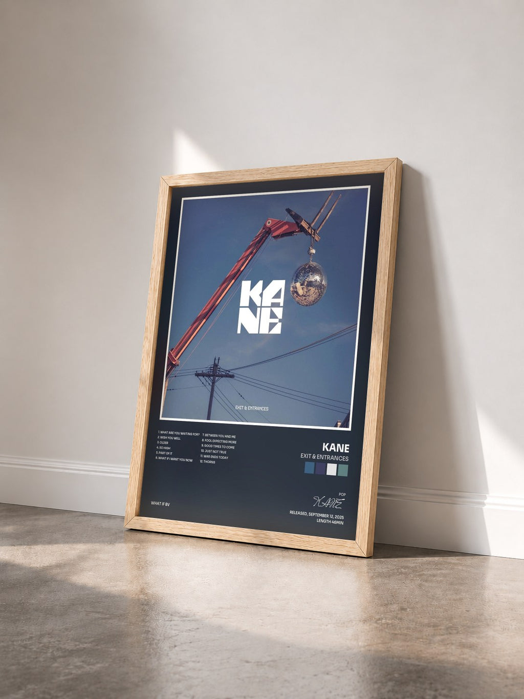 #bois Tableau de l'album Exit & Entrances de KANE vu de trois quarts, cadre en bois brut