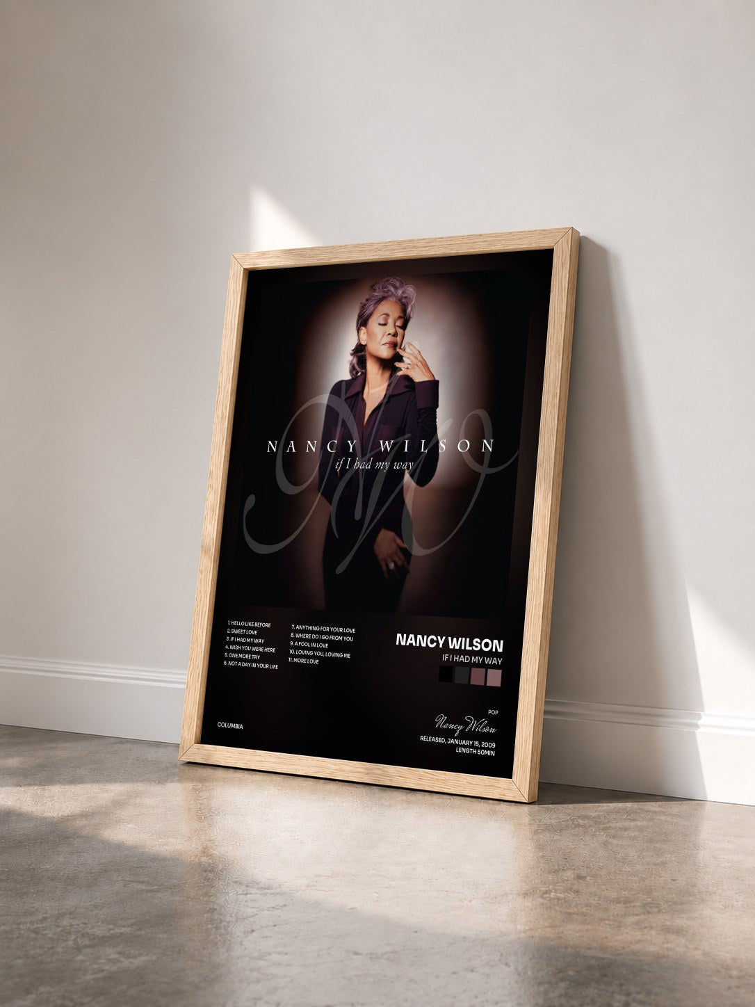 #bois Tableau de l'album IF I HAD MY WAY de Nancy Wilson vu de trois quarts, cadre en bois brut