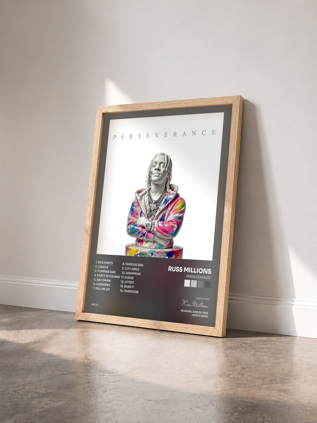 #bois Tableau de l'album Perseverance de Russ Millions vu de trois quarts, cadre en bois brut