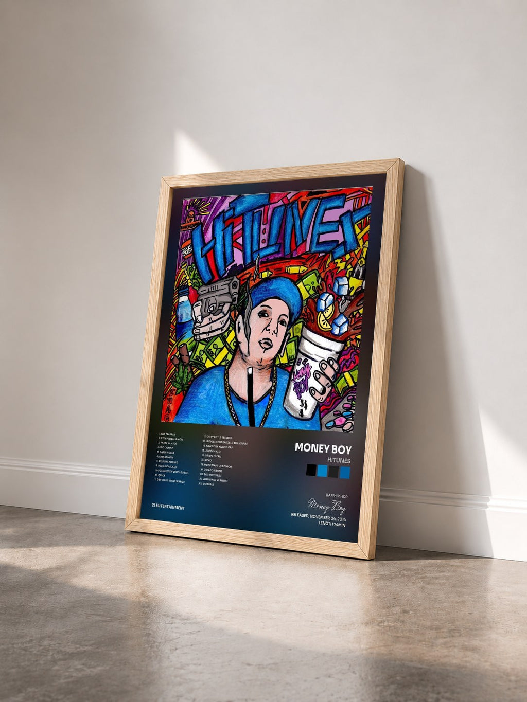 #bois Tableau de l'album HiTunes de Money Boy vu de trois quarts, cadre en bois brut