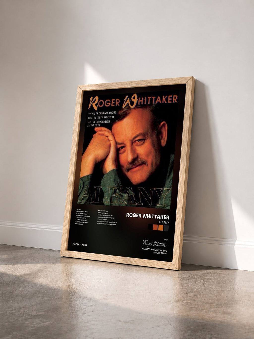 #bois Tableau de l'album Albany de Roger Whittaker vu de trois quarts, cadre en bois brut