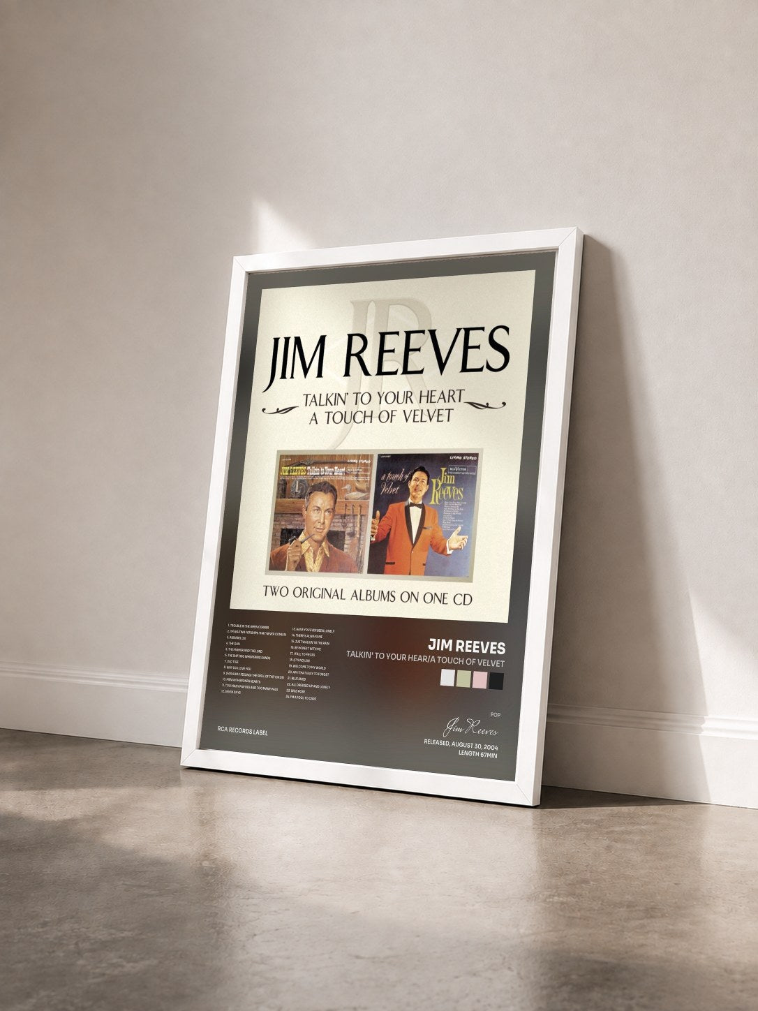 #blanc Tableau de l'album Talkin' To Your Hear/A Touch of Velvet de Jim Reeves vu de trois quarts, cadre blanc