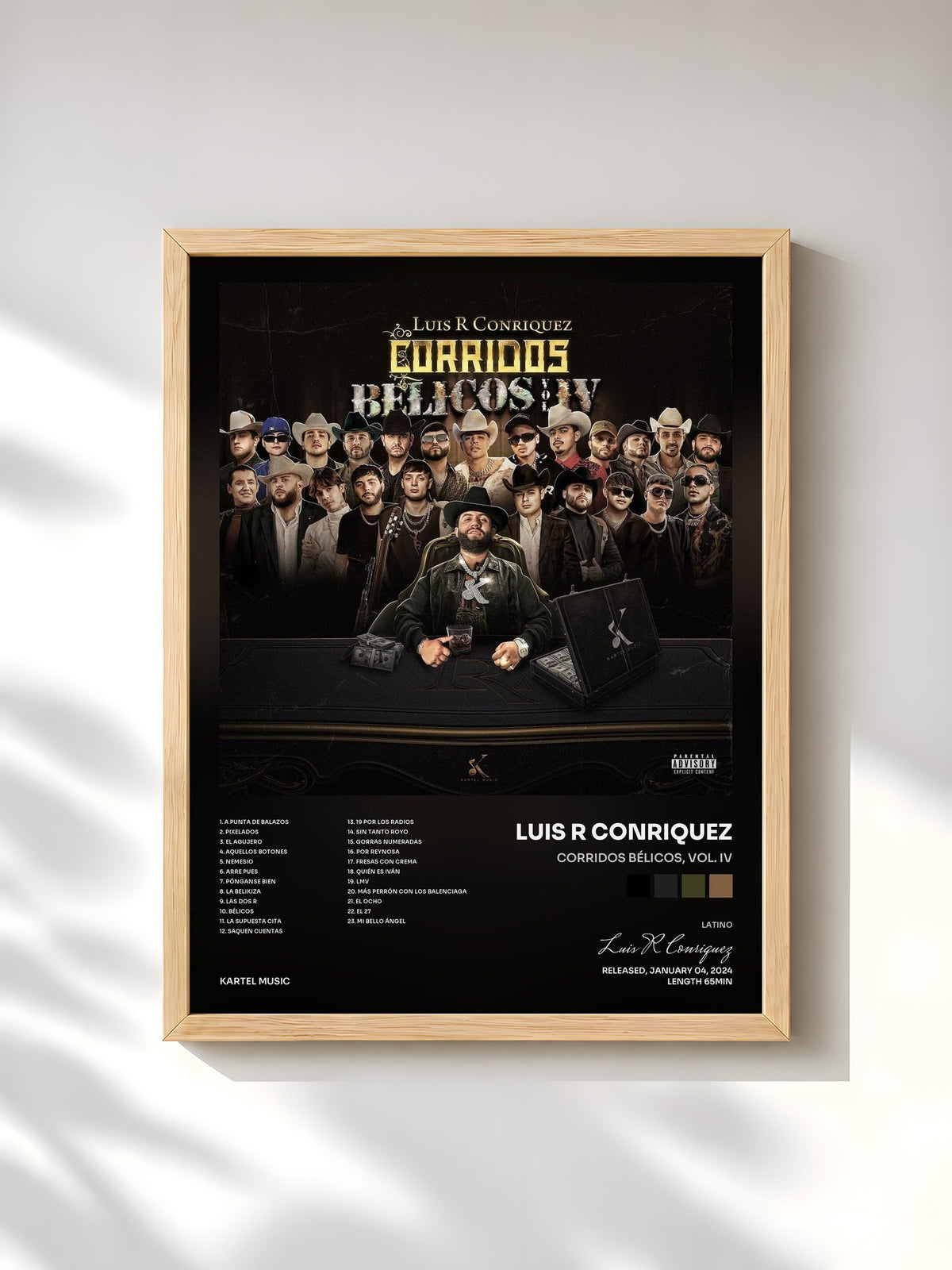 #bois Tableau de l'album Corridos Bélicos, Vol. IV de Luis R Conriquez, cadre en bois brut, imprimé et encadré en France